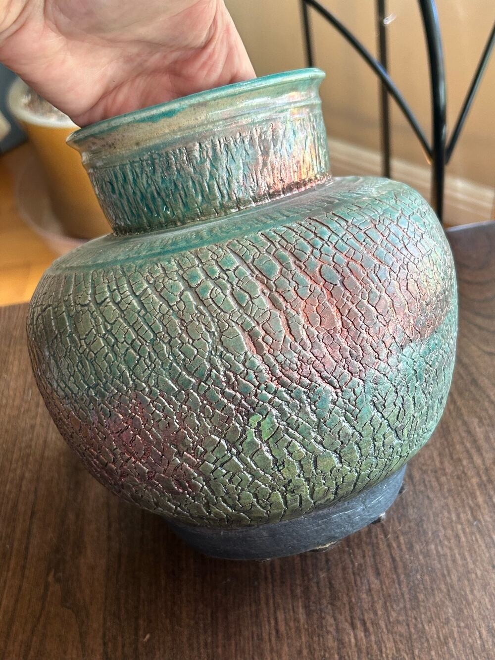 Vintage raku studio art pottery crackle green copper iridescent glaze 8.5” tall